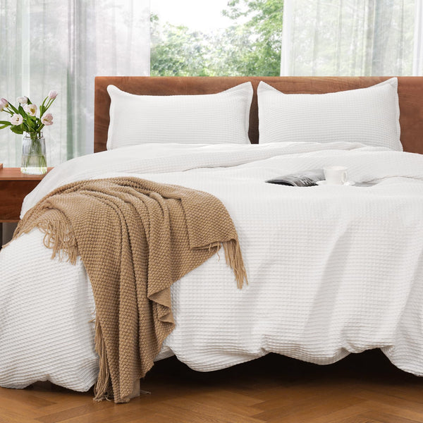 Duvet Cover Set 100% Cotton,White Waffle Weave Soft and Breathable 3 PCs Bedding Set